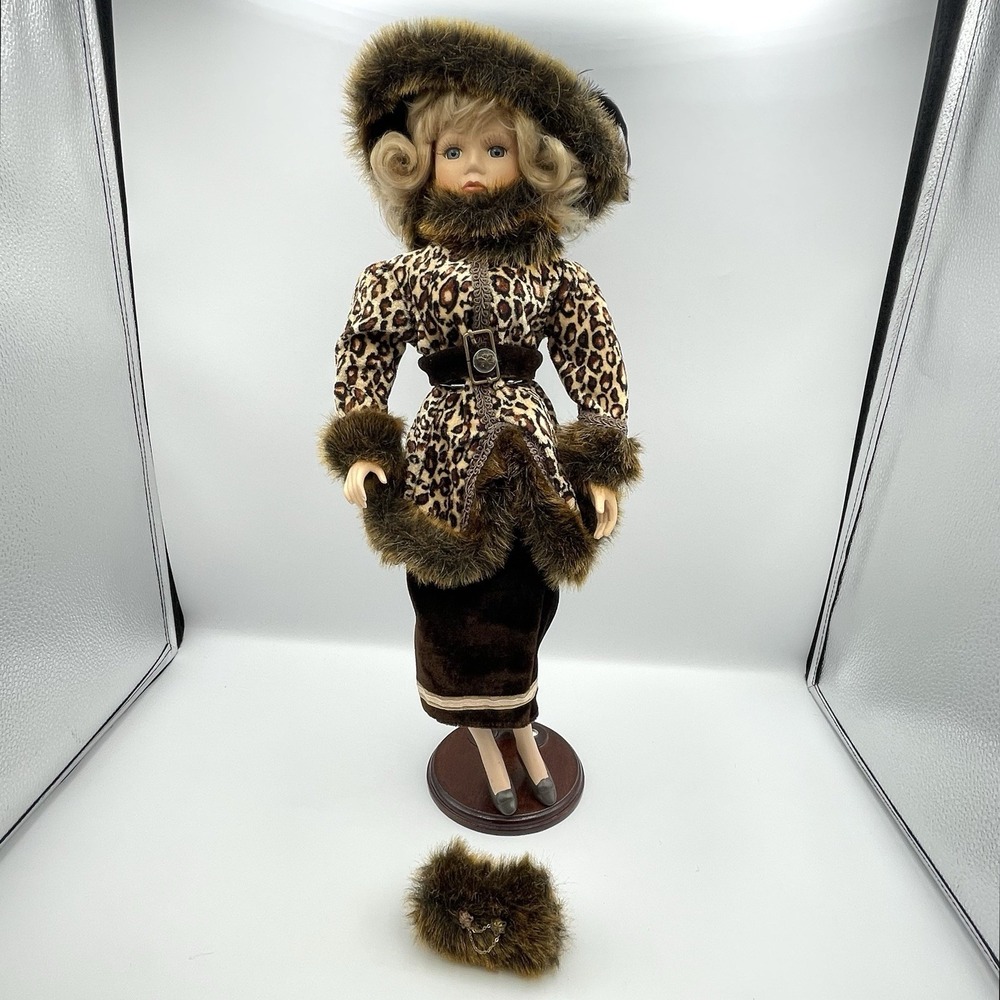Vintage 1990s Porcelain Doll Leopard‎ Coat Fur Trim Hat Muff With Stand Blonde